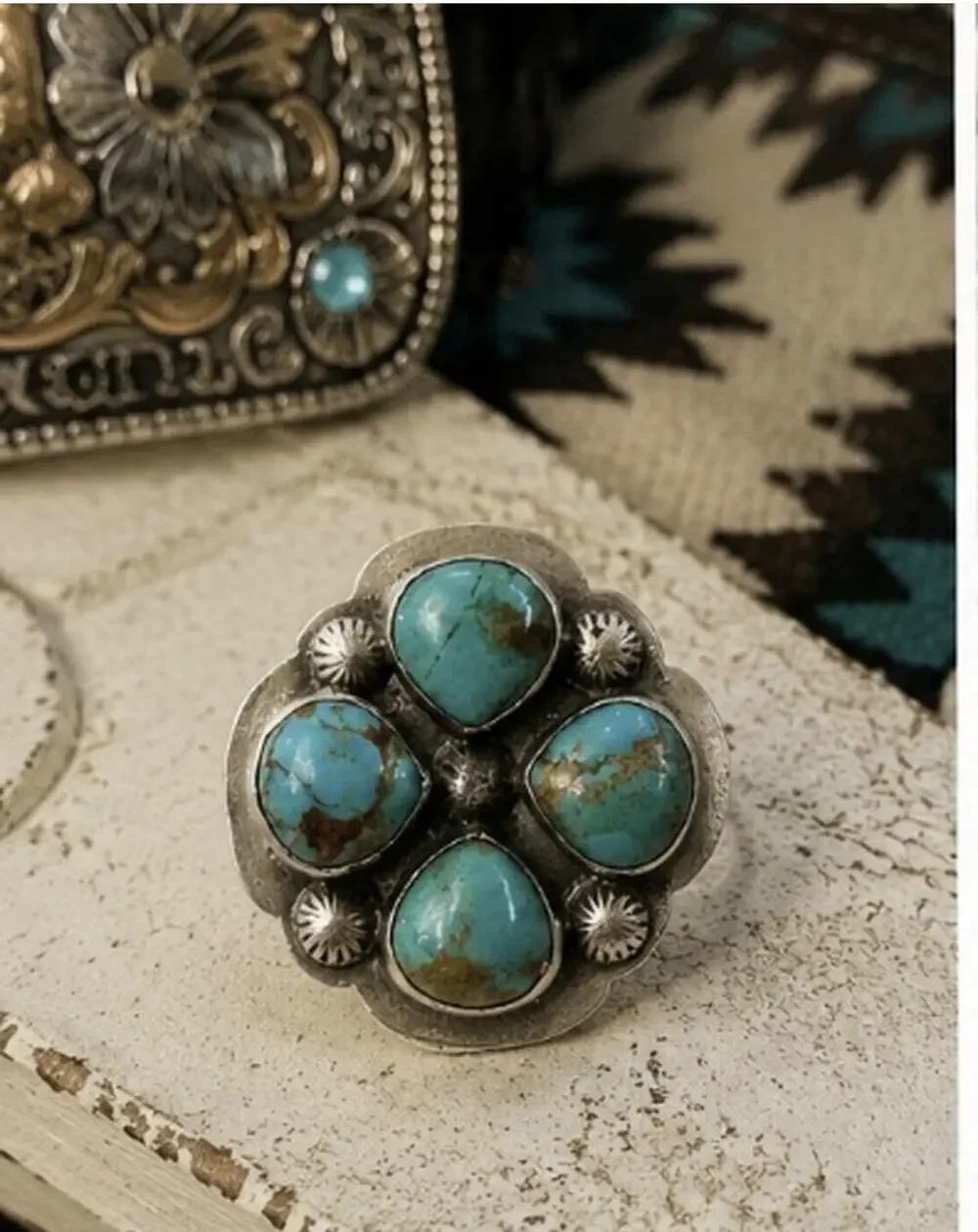 Stunning Turquoise Cluster Ring In Sterling Silver Ring w Accent Beads